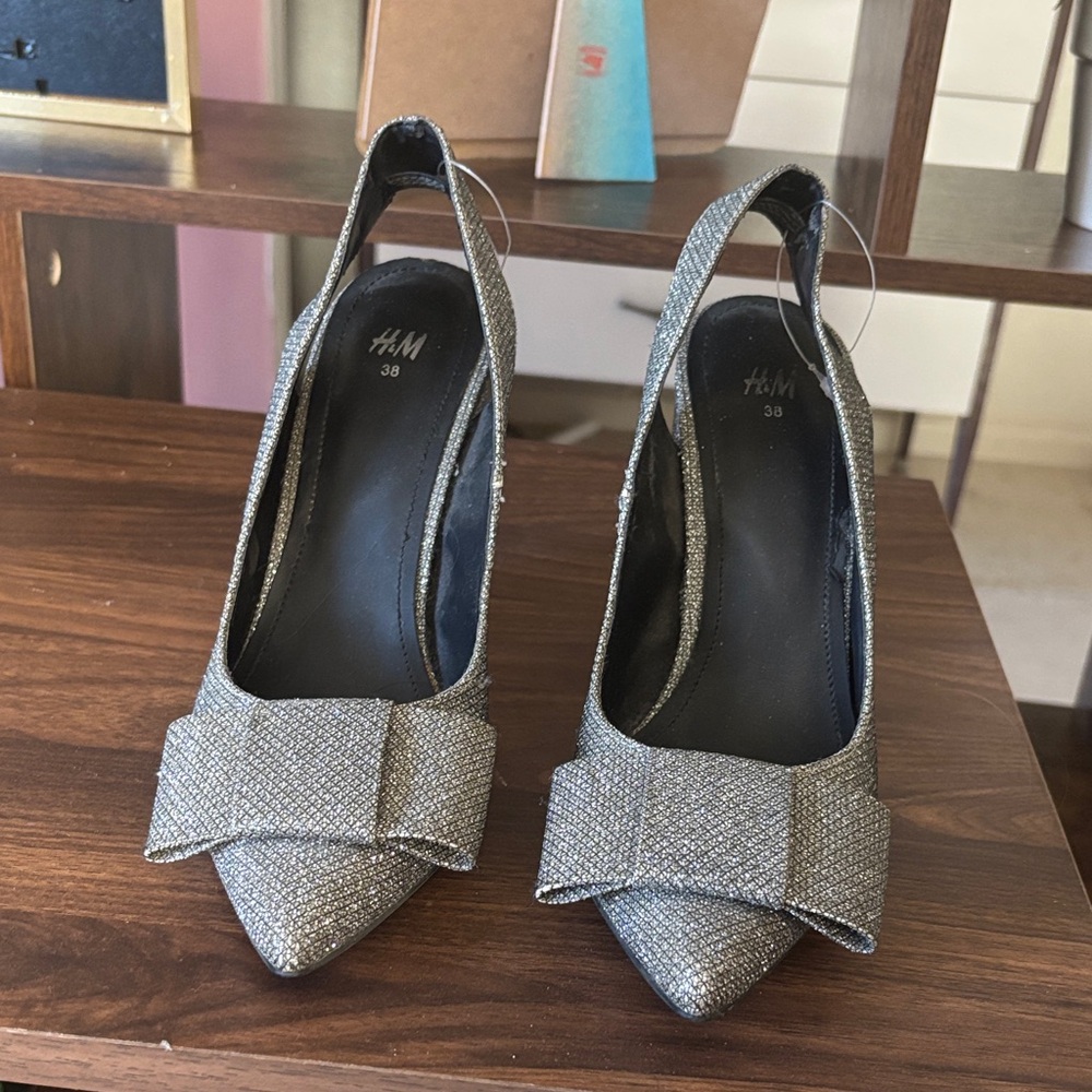 H&M Glittering Silver Heels with Bow Accent